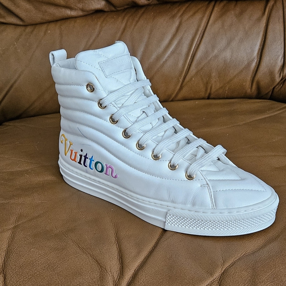 Women's Louis Vuitton White Leather Rainbow Logo Hightop Sneakers Size 6.5 US - Picture 3 of 16